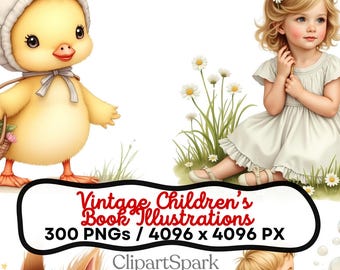 Vintage Children's Book Illustrations PNG Bundle 300 Clipart Images 4096x4096 px Transparent Background Digital Download