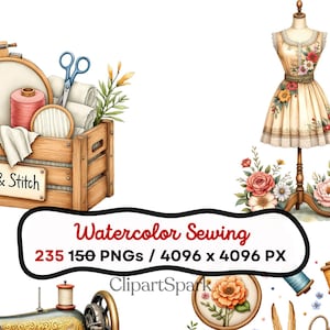 May include: Watercolor illustration of sewing-themed elements. A wooden crate with embroidery hoops, thread, and scissors. A dress form with a floral dress, a vintage sewing machine, and various sewing accessories. The image includes the text "Watercolor Sewing".