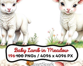Baby Lamb in Meadow Clipart 196 PNGs 4096x4096 px Cute Spring Farm Animals Transparent Background | Digital Download