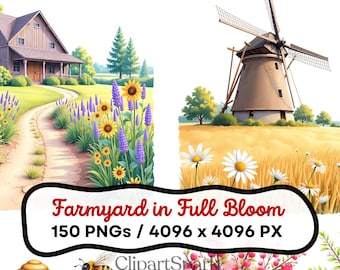 Farmyard in Full Bloom Bundle | 150 PNGs Transparent Background | Rustic Farm & Spring Landscape Clipart for Crafts and DIY Projects