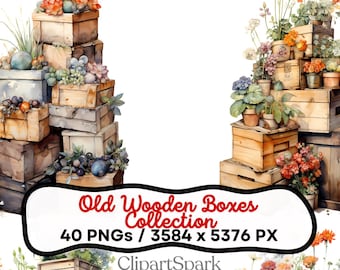 Old Wooden Boxes Clipart Collection 40 PNGs Rustic Farmhouse Decor, Vintage Floral Illustrations, Shabby Chic Art, DIY Craft Graphics