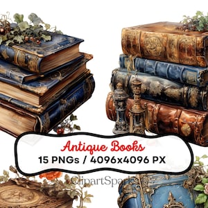 Puede incluir: Una colección de libros antiguos con cubiertas ornamentadas en tonos azules, marrones y dorados. La imagen incluye pilas de libros con elementos decorativos como acentos florales y detalles intrincados. El texto en la imagen dice "Antique Books" y "15 PNGs / 4096x4096 PX".