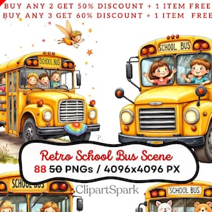 Retro School Bus Clipart Bundle, 88 PNGs, 4096x4096 px, Transparent Background, Commercial Use Graphics for Stickers, Crafts, POD
