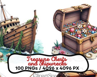 Treasure Chests and Shipwrecks PNG 100 Cliparts 4096x4096 px Pirate Ship Nautical Art Transparent Background