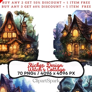 Sticker Design Witch’s Cottage Collection 70 PNGs Transparent Background Enchanted Cottage Digital Art for Crafts, Invitations & Decor