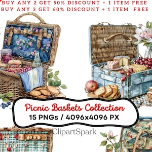 Baby Blue Picnic Baskets Clipart Collection 15 High-Resolution PNGs Vintage Picnic Scenes, Outdoor Dining Illustrations, and Summer Graphics