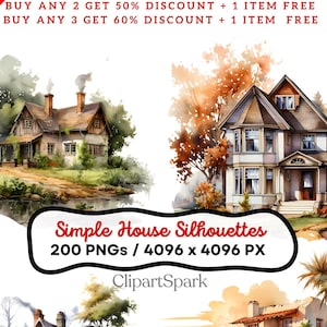 Simple House Silhouettes Bundle 200 PNGs Transparent Background Rustic, Modern, & Cottage Home Graphics for Crafts and DIY Projects