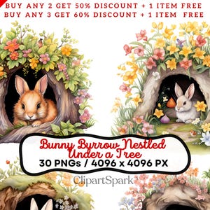 Bunny Burrow Nestled Under A Tree 30 PNGs 4096x4096 PX Transparent Background Cute Woodland Animal Clipart