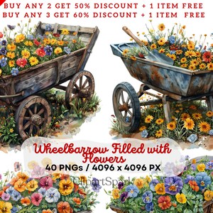 Wheelbarrow Filled with Flowers Clipart | 40 PNGs | Transparent Background | Rustic Garden Digital Art for Crafts, Invitations & Decor