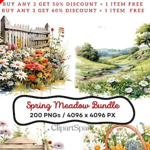 Pack prairie printanière | 200 images PNG sur fond transparent | Clipart fleurs sauvages, campagne et scène de pique-nique pour travaux manuels et projets de bricolage