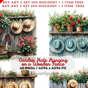 Gartenhüte, die an einem Holzzaun hängen | 40 PNGs Transparenter Hintergrund | Vintage Floral digitale Clipart für Bastelarbeiten & DIY-Projekte