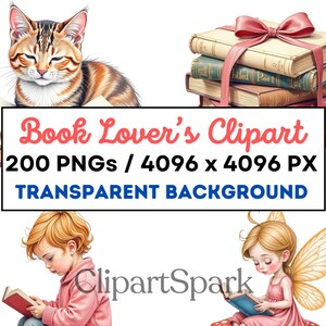 Buchliebhabers Clipart Bundle | 200 PNGs - 4096x4096 px | Transparenter Hintergrund | Vintage Bücher, Leseszenen, Feenkunst