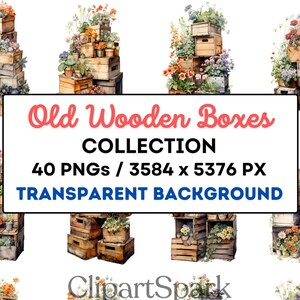 Alte Holzkisten Clipart Sammlung - 40 PNGs | Rustikale Bauernhausdekoration, Vintage Blumenillustrationen, Shabby Chic Kunst, DIY Handwerk Grafiken