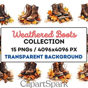 Colección de imágenes prediseñadas de botas desgastadas 15 PNG de alta resolución Decoración rústica de otoño Imágenes de botas vintage Gráficos con temática de otoño Descarga digital