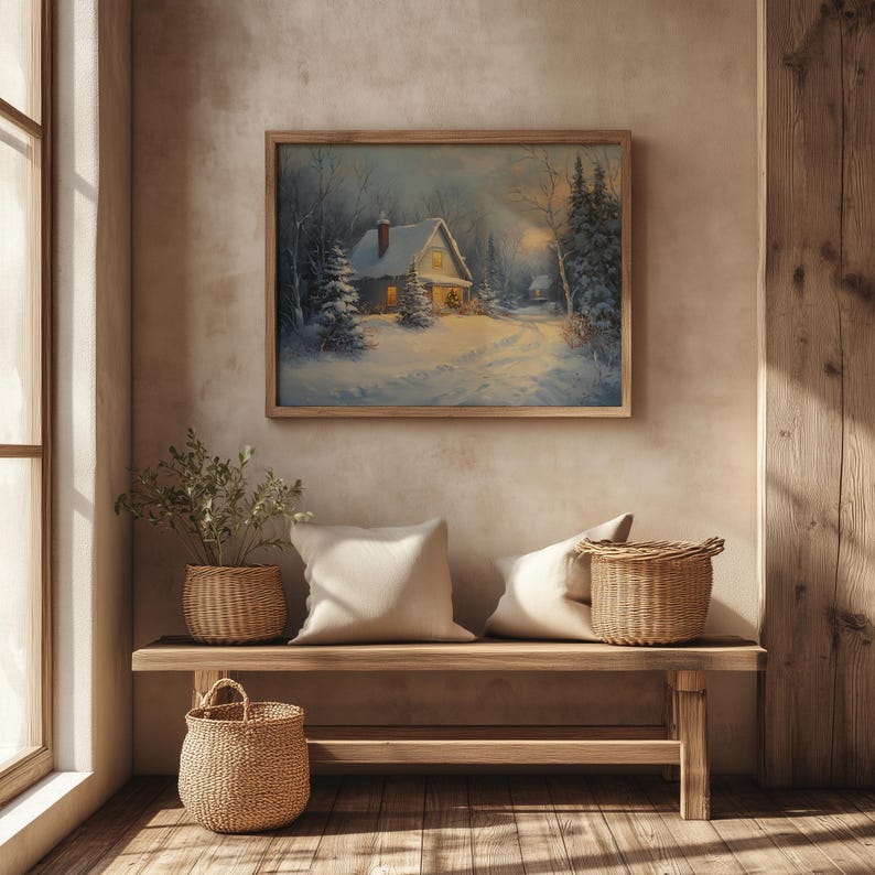 Cozy Winter Cabin Scene Printable - Rustic Snowy Landscape Art, Festive ...