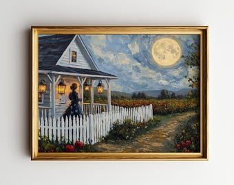 Harvest Moon over Farmhouse - Rustic Autumn Night, Cottagecore Landscape Art, Moonlit Night Scene, Vintage Printable Wall Decor 63