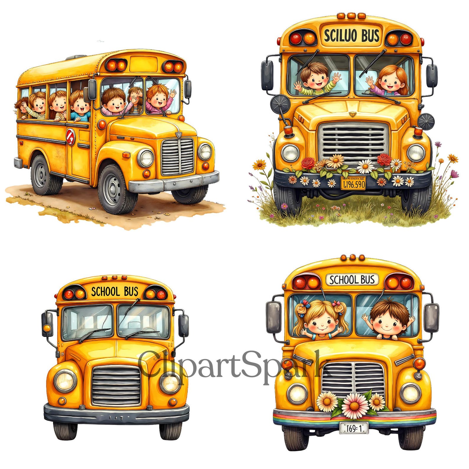 Retro School Bus Clipart Bundle, 88 Pngs, 4096x4096 Px, Transparent ...