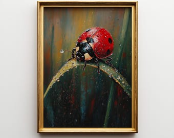 てんとう虫の露滴の絵画：夏の庭のアートプリント（デジタル
