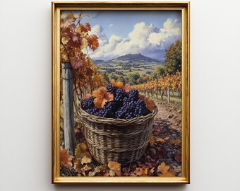 ヴィンテージのブドウ収穫画：フランスの田舎の農家の壁アート