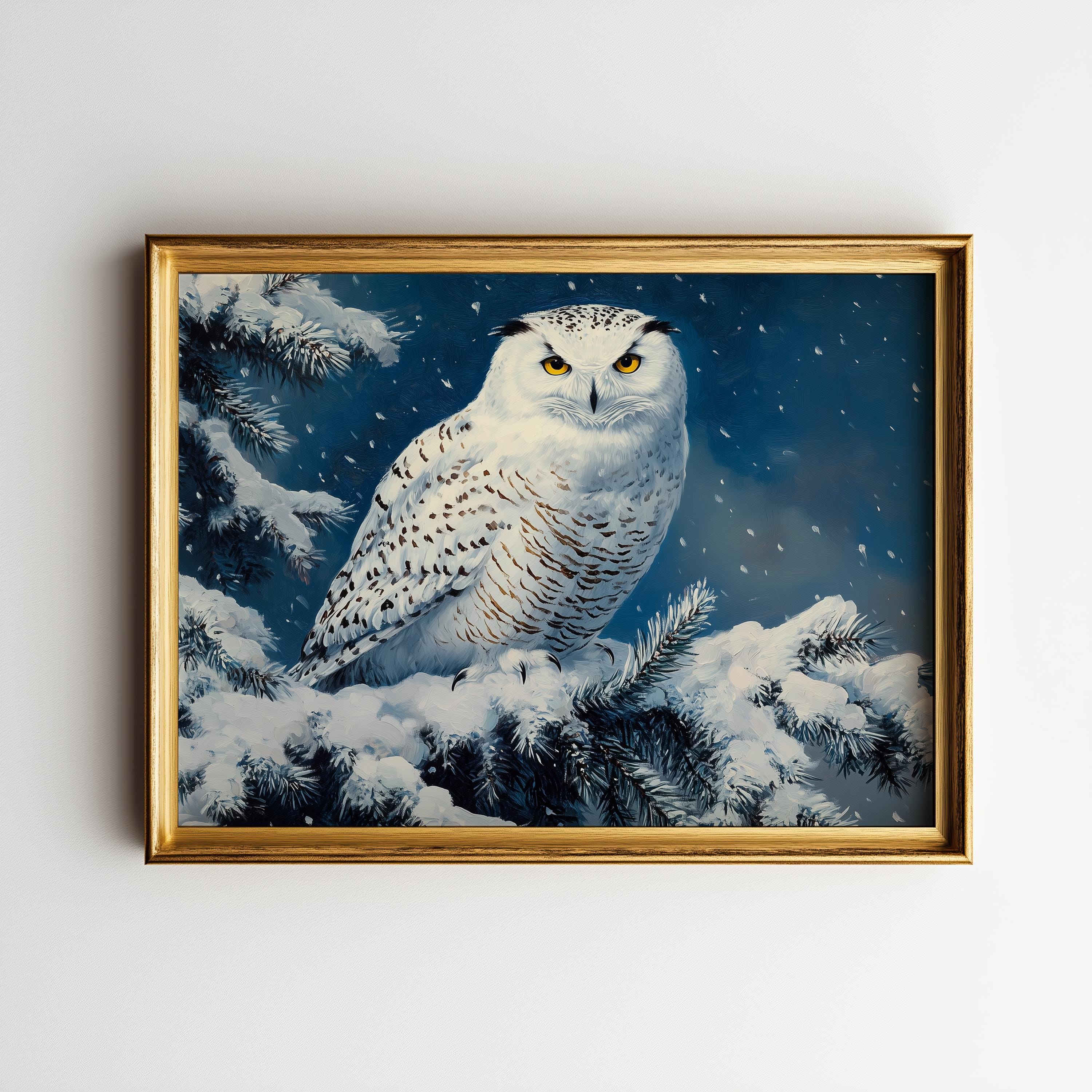 Serene Snowy Owl in Winter Woodland - Moody Realistic Painting, Rustic Winter Decor, Snow-Dusted Pin