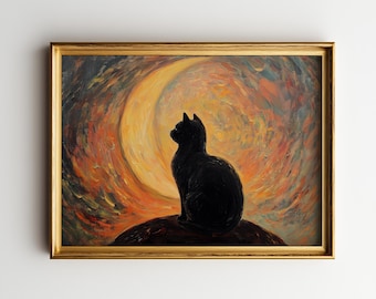Silueta dramática de gato negro con luna brillante - Arte mural imprimible, escena de gato místico, decoración nocturna vintage, pintura digital 55