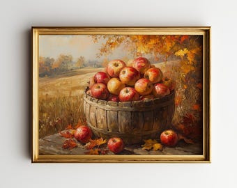 Rustic Harvest Apple Basket Painting, Cozy Farmhouse Autumn Decor, Realistic Fall Landscape, Earthy Vintage Apples Art Print, Download 841
