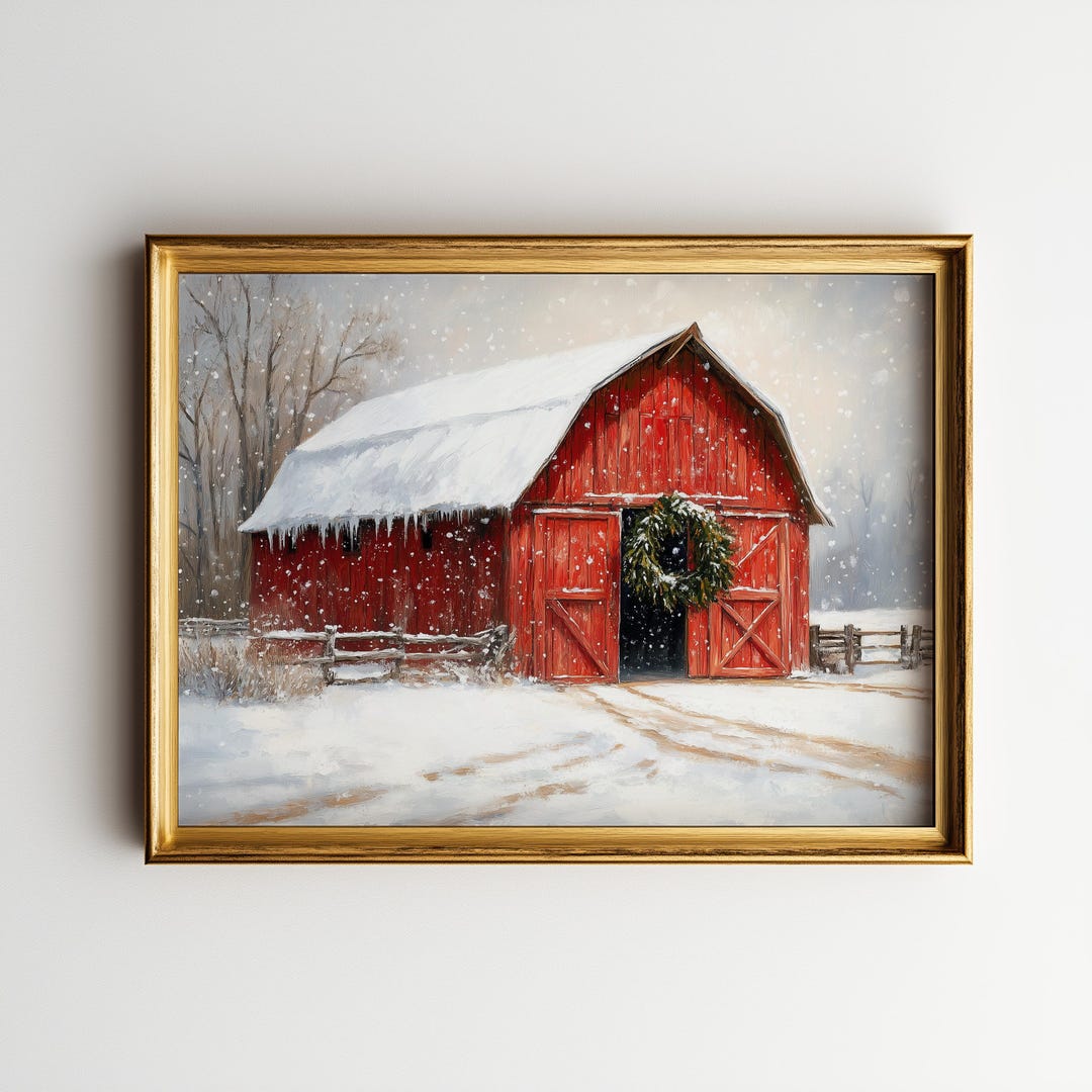 Rustic Red Barn in Snowy Winter Landscape - Printable Christmas Wall ...