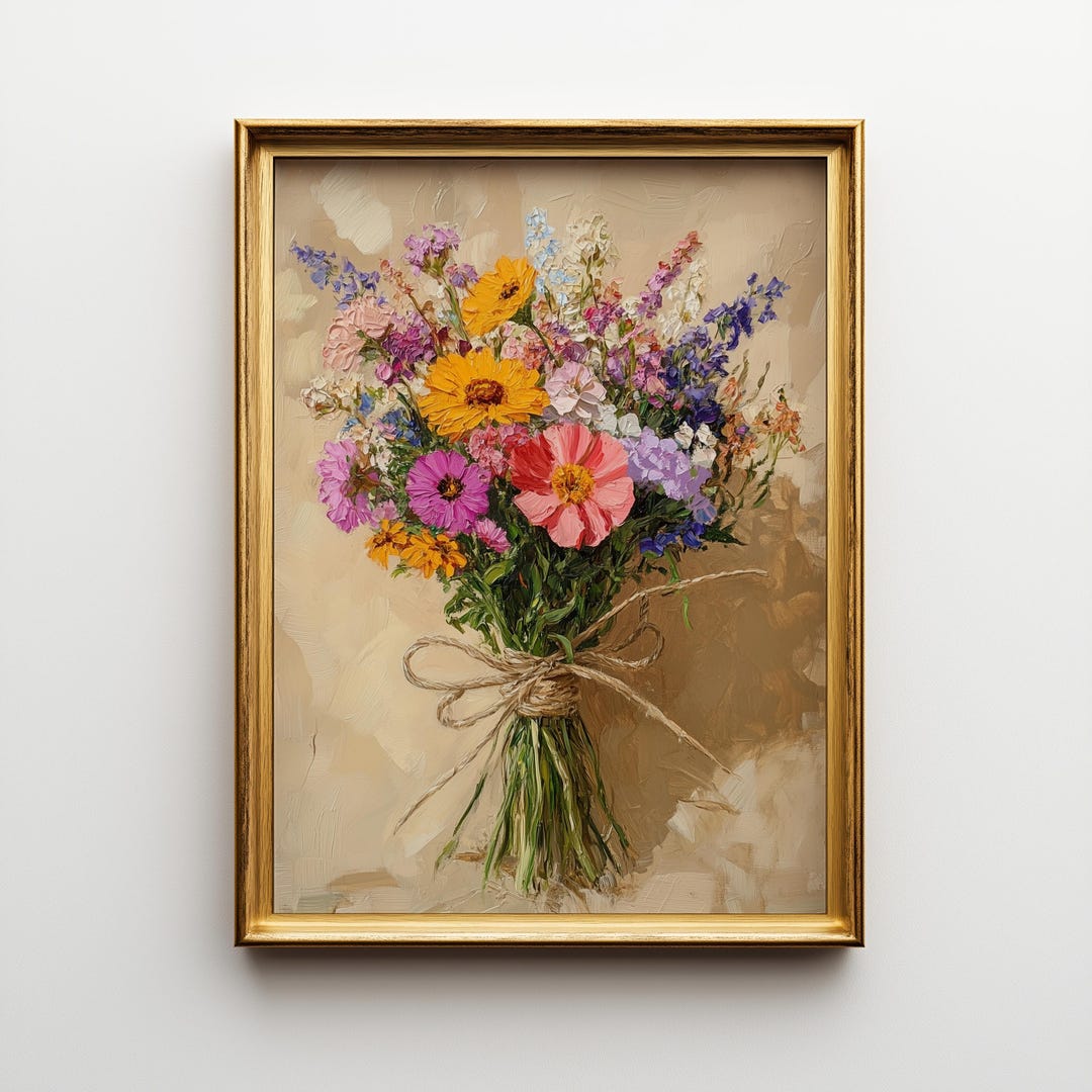 Printable Vintage Wildflower Bouquet Art - Rustic Floral Painting ...