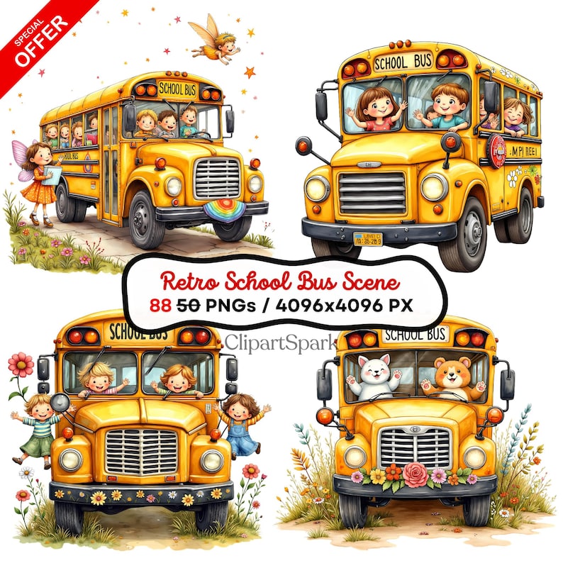 Retro School Bus Clipart Bundle, 88 Pngs, 4096x4096 Px, Transparent ...
