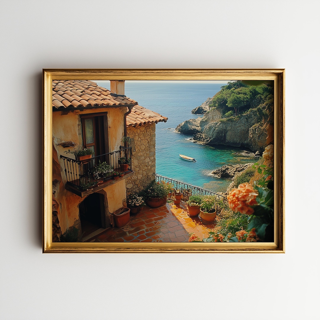 Rustic Mediterranean Cliffside Village Wall Art - Warm Terracotta Roofs ...