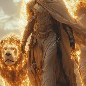 May include: A warrior clad in golden armour and a white robe walks through flames with a lion by their side. The lion and warrior are both engulfed in flames.
