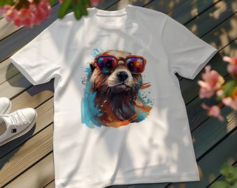 Cute Otter with Colorful Sunglasses Graphic Tee, Fun Otter Art T-Shirt, Cool Animal Lover Gift, Unique Otter Fan Shirt, Summer Vibes Tee