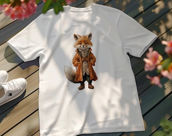 キュートで粋なキツネのグラフィックがあしらわれたユニセックスTシャツ。動物好きの方へのギフト。ヴィンテージの服を着た愛らしいキツネ。ユニークなキツネのシャツ。気まぐれなキツネのTシャツ。