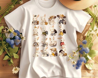 Cute Bunny T-Shirt, Adorable Rabbit Characters Tee, Cartoon Animal Graphic Shirt, Bunny Lovers Gift, Casual Printed T-Shirt, Kawaii Bunny