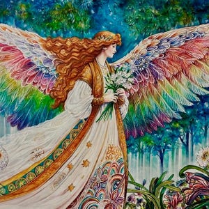 May include: A watercolor painting of a woman with long, flowing red hair and large, colorful wings. She wears a white dress with gold accents and holds a bouquet of white flowers. The background features a forest scene.
