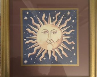 Mary Beth Zeitz Vintage Celestial Sun 90s Print Stars Blue Burgundy Matted Gold Tone Frame Whimsigoth Spacecore