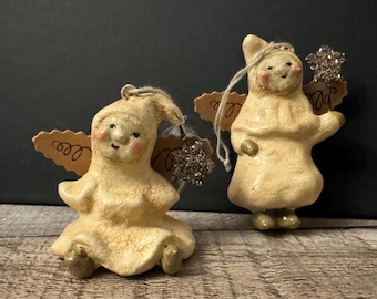 Nicol Sayre Paper Mache Angel Ornament Pair Christmas Art Sculpture Unique Vintage