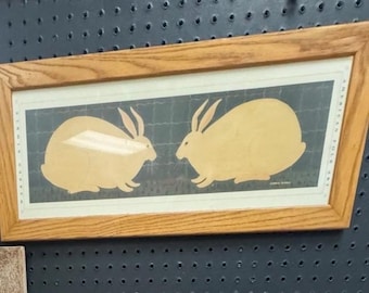 Warren Kimble Two Rabbits Framed Vintage American Folk Art Primitive Carrot Bunnies