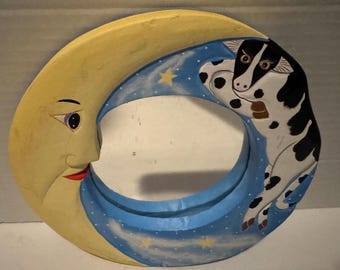 Vintage Whimsical Celestial Cow Jumping Over Moon Mirror Handpainted Wood Nursery Decor 90s Whimsygoth Folk Art Hey Diddle Diddle Wall Decor