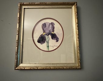 Vintage Framed Matted Watercolor Purple Iris Floral Art Signed