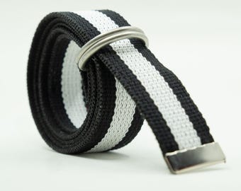 Custom Size D Ring Belt - 1.25" Canvas Web Belt - Adjustable No Holes Belt - Plus Size Big Tall - Striped Black White
