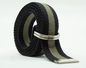 Custom Size D Ring Belt - 1.25" Canvas Web Belt - Adjustable No Holes Belt - Plus Size Big Tall - Striped Black Olive