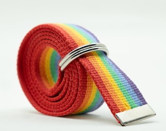 Custom Size D Ring Belt - 1.25" Canvas Web Belt - Adjustable No Holes Belt - Plus Size Big Tall - Striped Rainbow