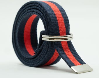 Striped Canvas D Ring Belt – Navy & Red, Adjustable Webbing