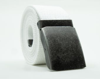 May include: A white canvas belt with a dark gray metal buckle. The belt is rolled up, showcasing the textured weave of the fabric. The buckle is rectangular and has a slightly weathered appearance.