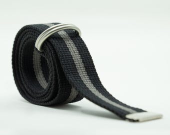 Custom Size D Ring Belt - 1.25" Canvas Web Belt - Adjustable No Holes Belt - Plus Size Big Tall - Striped Black Grey