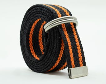 Custom Size D Ring Belt - 1.25" Canvas Web Belt - Adjustable No Holes Belt - Plus Size Big Tall - Striped Black Double Orange
