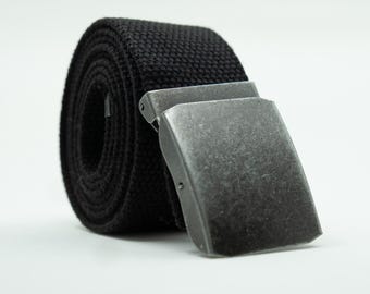 Custom Size Military Belt with Distressed Buckle - 1.5" Canvas Web Belt - Adjustable No Holes Belt - Plus Size Big Tall - Black