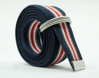 Custom Size D Ring Belt - 1.25" Canvas Web Belt - Adjustable No Holes Belt - Plus Size Big Tall - Striped Navy Grey Red White