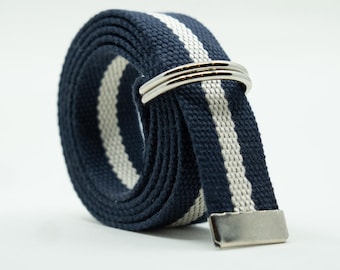 Custom Size D Ring Belt - 1.25" Canvas Web Belt - Adjustable No Holes Belt - Plus Size Big Tall - Striped Navy White